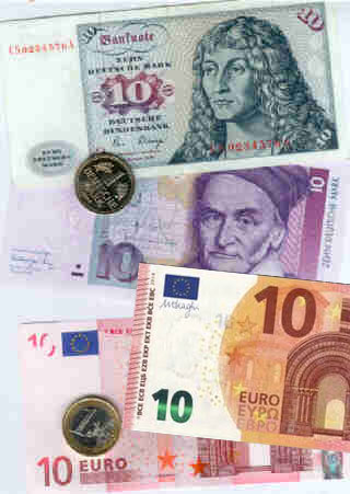 Banknoten: 10 D-Mark alt und neu, 10 Euro alt und neu, M�nezen: 1 D-Mark, 1 Euro